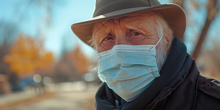 An old man wearing a mask and a hat. Suitable for Halloween or costume-themed events