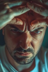 A close-up image of a man with his hands on his head. This image can be used to depict stress, frustration, or feeling overwhelmed