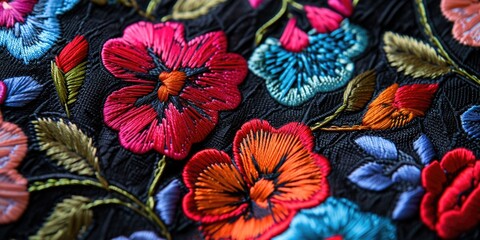 Close-up shot of a vibrant flower embroidered on a black cloth. Perfect for adding a pop of color to any design.