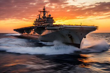 Photo of USS latest technology nuclear powered aircraft carrier anchored in deep blue open ocean
