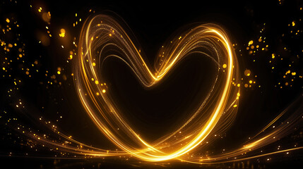 Fototapeta na wymiar Sparkling heart made of fiery golden lines of light energy and glitter, on dark background. Glowing symbol of love. Valentine’s Day, New Year, wedding, festive light painting.