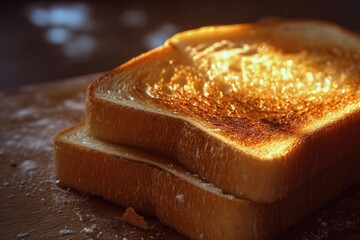 A close up view of a piece of toast on a cutting board. This image can be used to depict breakfast, cooking, or food preparation - Powered by Adobe