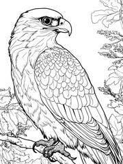 Children coloring book, wild bird falcon on a branch. natural habitat of birds. Raster generative ai, black lines, white background.