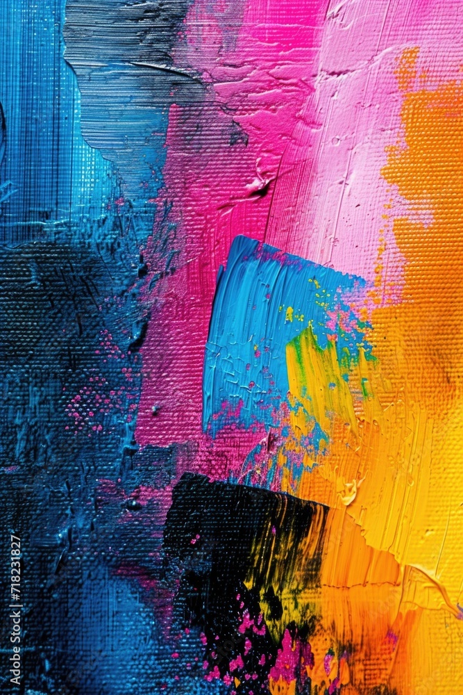 Poster a detailed close-up view of a vibrant and colorful painting on a canvas. this artwork can be used to