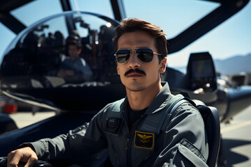 closeup portrait of young pilot holding helmet with a sky background