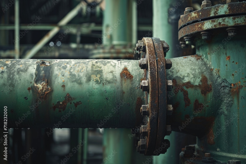 Poster a detailed close-up view of a rusty pipe in a factory. this image can be used to illustrate industri