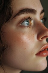 Naklejka premium A close-up shot of a woman's face with prominent freckles. This image can be used to portray natural beauty and diversity