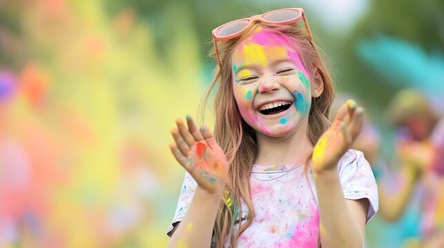 happy child at holi festival, colors of joy , vibrant celebration, youth activities, blurred colorful powder air background.