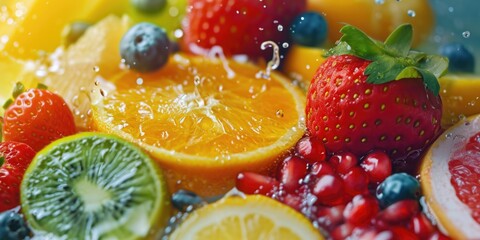 A close up view of a bowl filled with various fresh fruits, with water splashing over them. Perfect for healthy eating concepts and refreshing summer themes