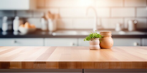Blur kitchen interior background with wood countertop (or kitchen island) - suitable for displaying...