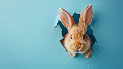 Fototapeta na wymiar Rabbit Peeking Through Hole in Wall, Curious Animal Looking Out