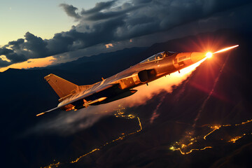 Modern stealth fighter plane. Flight in formation, flyby and landing, take off bombing, dog fight, firing missile.