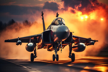Fototapeta premium Modern stealth fighter plane. Flight in formation, flyby and landing, take off bombing, dog fight, firing missile.