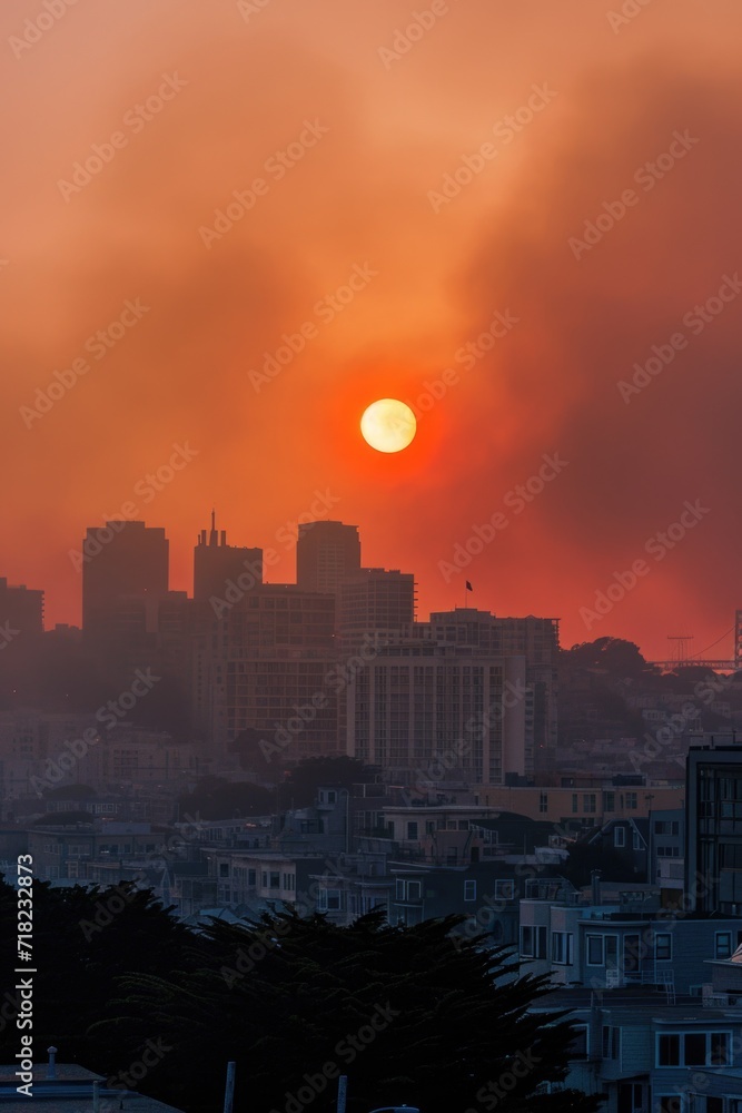 Poster a captivating image of the sun setting over the city skyline. perfect for adding a touch of tranquil