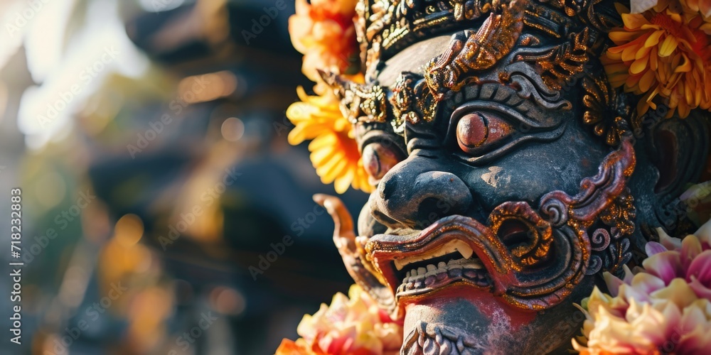Poster a close-up view of a statue with flowers adorning its base. perfect for adding a touch of elegance a