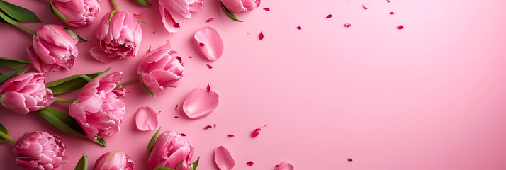 Background of pink flowers with empty space for text or greeting card design. Postcard for International Women's Day and Mother's Day. Banner. - Powered by Adobe