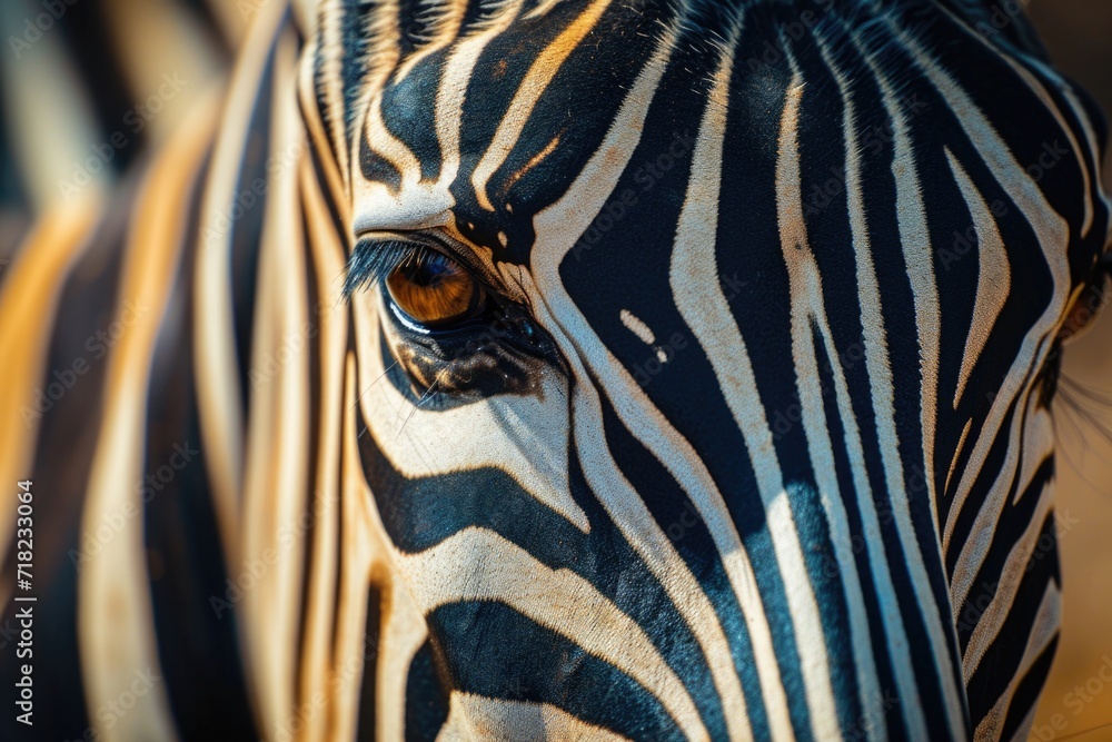Poster a close-up view of a zebra's face with a blurred background. perfect for wildlife enthusiasts and an