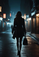 A slender girl in a dress walks along a night street