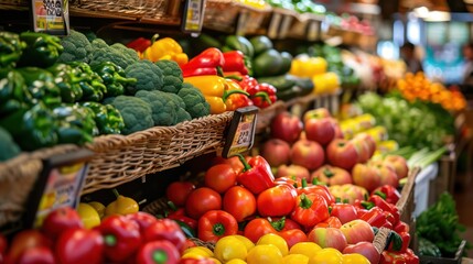 A background of a grocery market with a close-up of fresh paprika, tomatoes, and other vibrant vegetables
