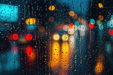 A rain covered window with traffic lights in the background. Suitable for various projects and designs