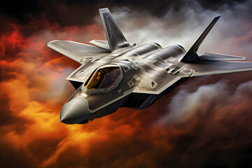 Modern stealth fighter plane. Flight in formation, flyby and landing, take off bombing, dog fight, firing missile.