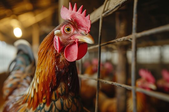 A detailed close-up of a chicken in a cage. This image can be used to depict confinement, animal agriculture, or the poultry industry