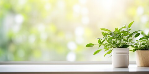 Blurred window background with small green plant on sill in kitchen.