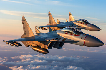 Modern stealth fighter plane. Flight in formation, flyby and landing, take off bombing, dog fight, firing missile.
