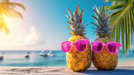  Two pineapples with pink sunglasses In the tropical beach.