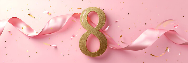 Golden number 8 on a pink background, greeting card for International Women's Day. - obrazy, fototapety, plakaty