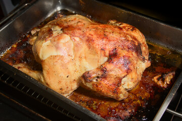 Whole chicken that has been roasted in a home oven tray, resulting in crispy, golden skin