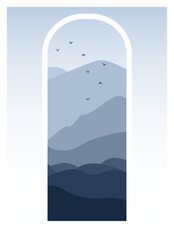Aesthetic view blue mountains with flying birds landscape poster. Japanese minimalist illustration