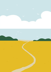 Vector country rural landscape scene with wheat field. Seaside and clouds cartoon style illustration.