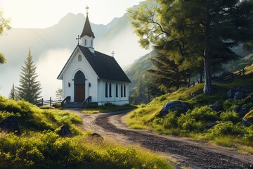 A picturesque chapel poised at a crossroads, captured in the timeless allure of classic landscape artistry generative ai - obrazy, fototapety, plakaty