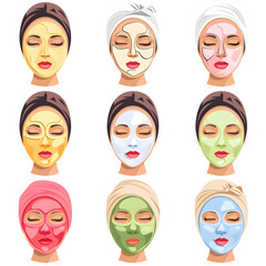 Set of different facial masks and treatments isolated on white background, simple style, png
