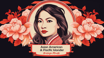 Banner for Asian American and Pacific Islander Heritage month. Beautiful horizontal banner with portrait of the AAPI woman, flowers and text.