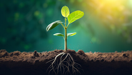 Sapling rooted in the soil reaching into the sunlight  - obrazy, fototapety, plakaty
