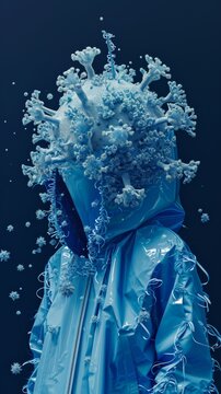 Surreal Portrait of a Person in a Blue Hooded Outfit With 3D Fractal Embellishments