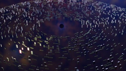 Black hole Dyson sphere. Dyson ring swarm. Alien mega structure, space city around black hole. Thousands of alien objects orbiting black hole - harvesting its energy. 3d render illustration.