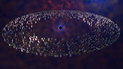 Black hole Dyson sphere. Dyson ring swarm. Alien mega structure, space city around black hole. Thousands of alien objects orbiting black hole - harvesting its energy. 3d render illustration.