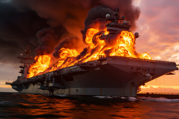 Photo of USS latest technology nuclear powered aircraft carrier anchored in deep blue open ocean