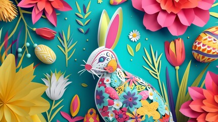Colorful Paper Craft Artwork Depicting Easter Bunny and Decorative Eggs