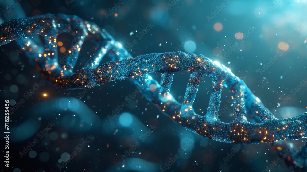 Poster digital representation of dna helix with glowing particles in a dark background