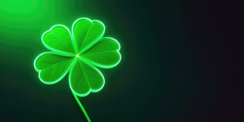 Neon shining four-leaf shamrock banner on Saint Patrick day with copy space on dark green background. - obrazy, fototapety, plakaty