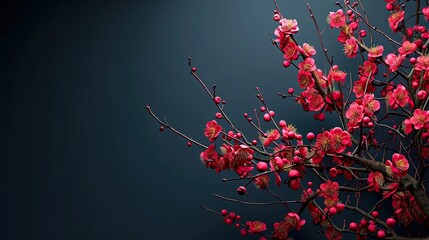 dark background with red flowers, in the style of oriental minimalism, chinese new year festivities