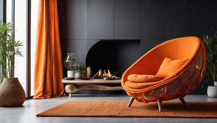 Orange Chair on Carpet inside Modern Living Room, Interior Design, using Generative ai