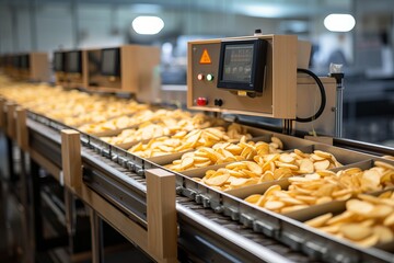 Potato chips packaging line, conveyor belt for automated production and packaging