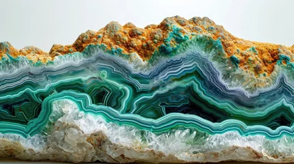 Papier Peint photo Cristaux Artistic arrangement of patterned Agate, banded Malachite, and vibrant Chrysoprase, creating a visual feast against a white backdrop