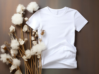 A 3d blank realistic mockup of a white t-shirt, lying on a wooden floor. With fake flowers made of twigs, cotton, and paper. Created with Generative AI.