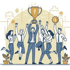 Celebrating success with a money-filled trophy! A group of business people proudly hold up the symbol of their victorious achievements.
